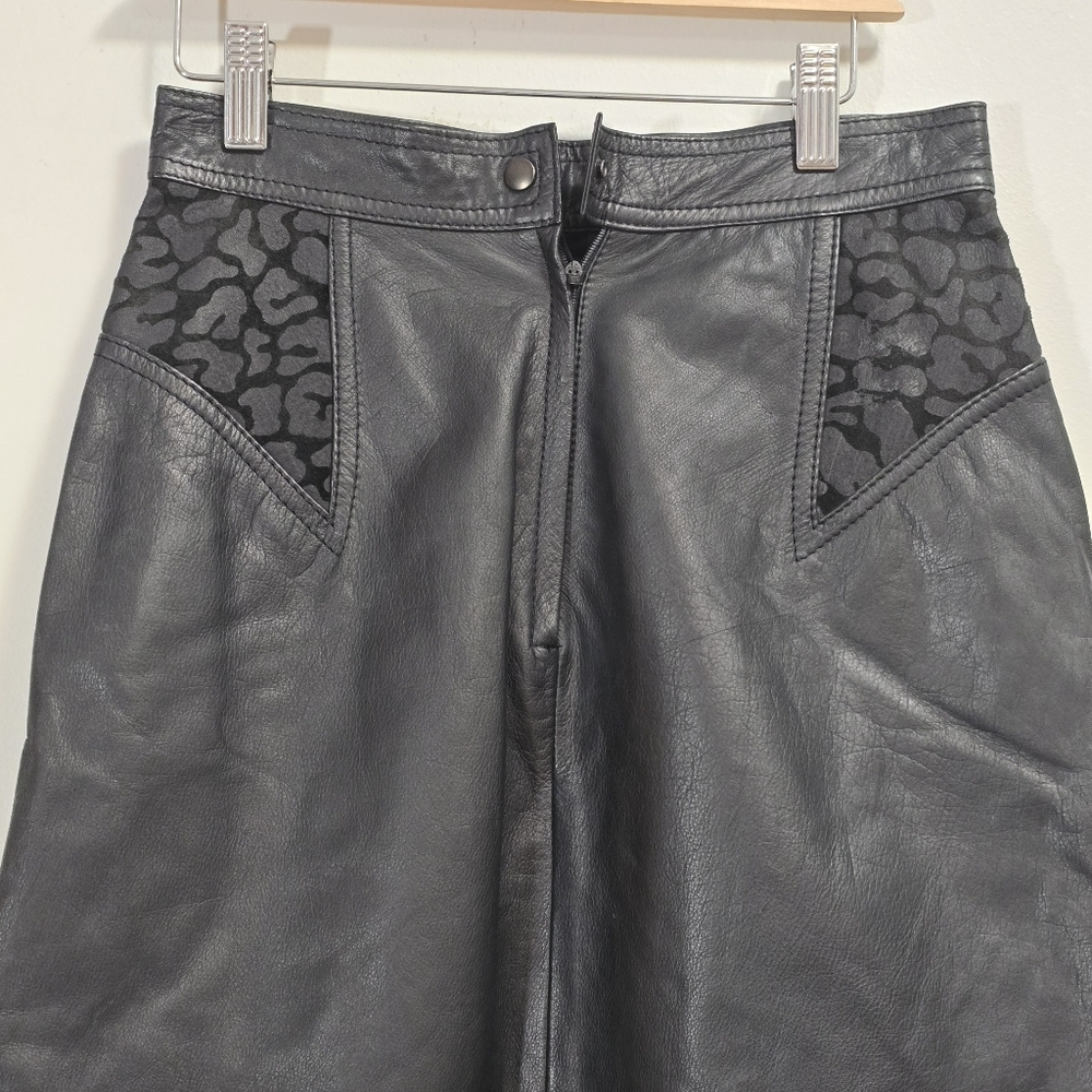 Vintage Genuine Leather With Leopard Print Pencil Skirt Color Black - Picture 5 of 8